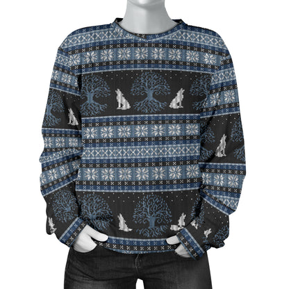 Wolf Tree of Life Knit Design Print Women Long Sleeve Sweatshirt