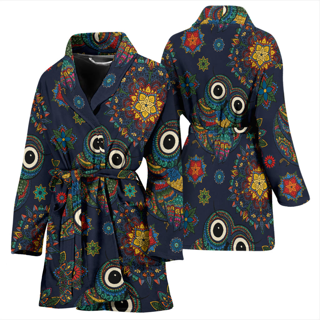 Owl Boho Style Pattern Print Design A04 Women Bathrobe