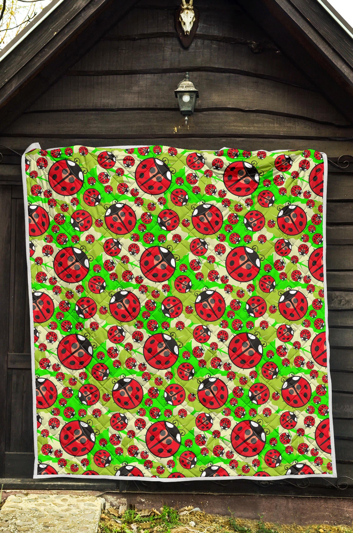 Ladybug with Leaf Print Pattern Quilt Bedspread