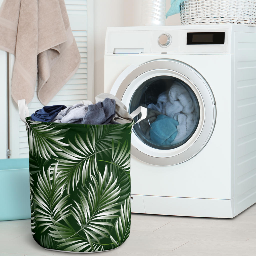 White Green Tropical Palm Leaves Laundry Basket