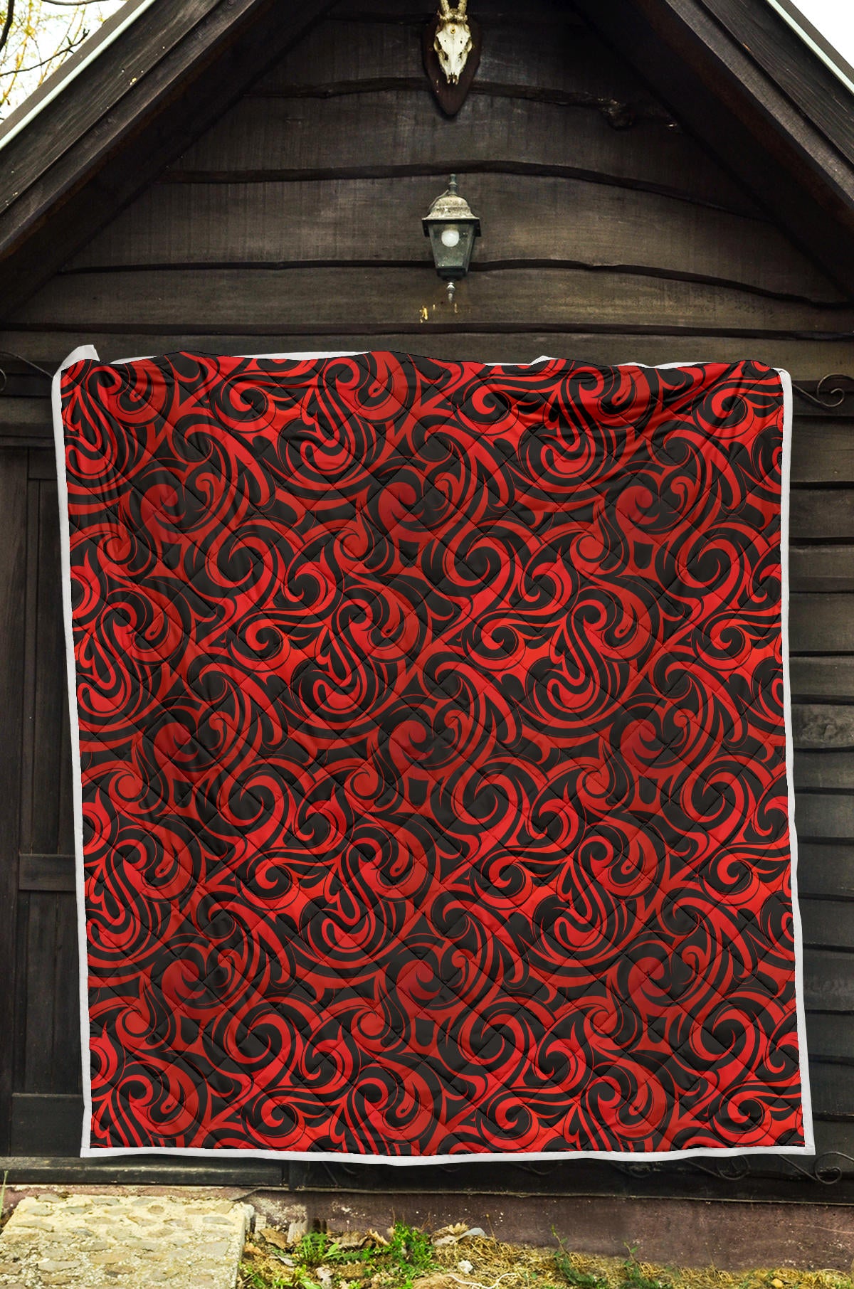 Maori Red Black Themed Design Quilt Bedspread