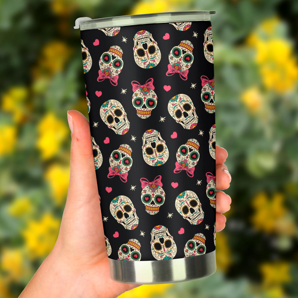 Sugar Skull Pink Bow Themed Print Tumbler