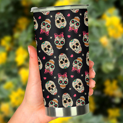 Sugar Skull Pink Bow Themed Print Tumbler