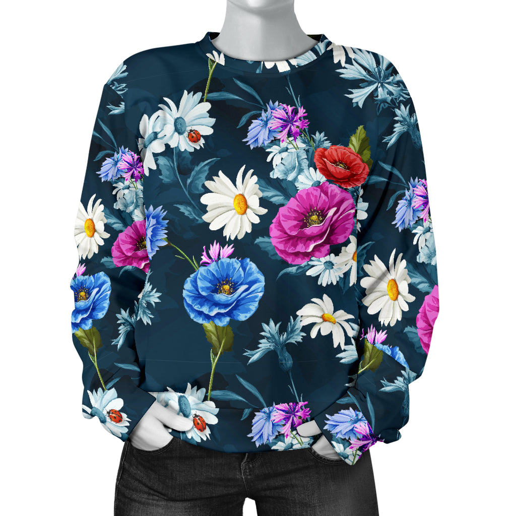Floral Blue Themed Print Women Long Sleeve Sweatshirt