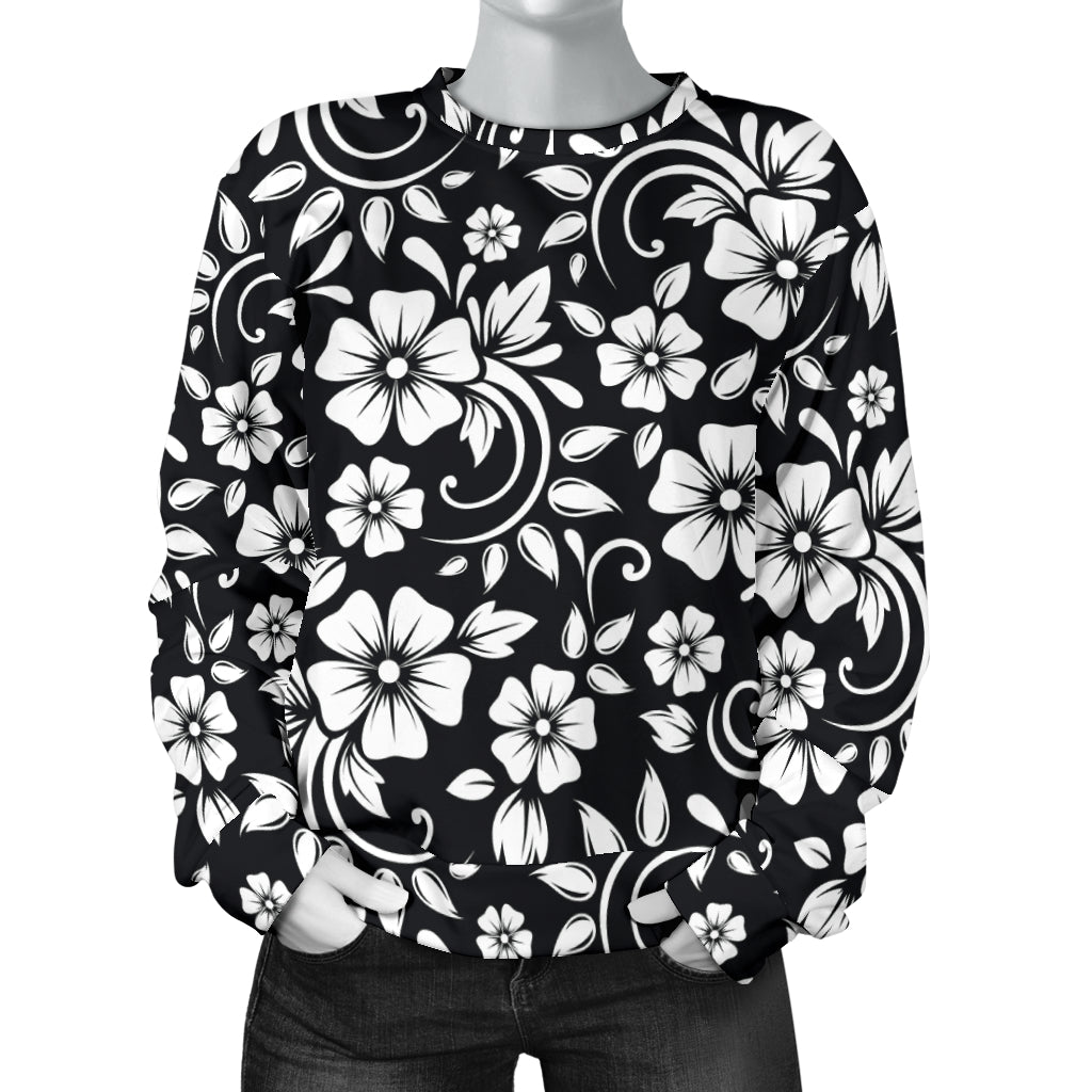 Floral Black White Themed Print Women Long Sleeve Sweatshirt