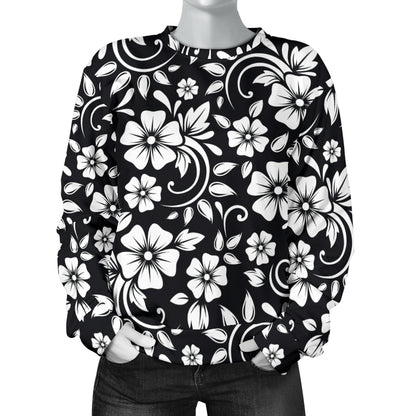 Floral Black White Themed Print Women Long Sleeve Sweatshirt