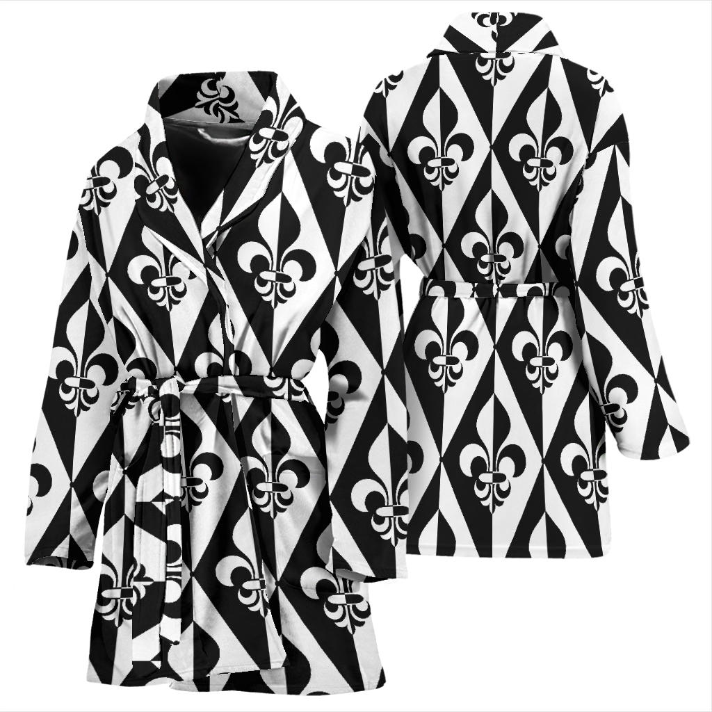 Fleur De Lis Black White Pattern Print Design 02 Women Bathrobe