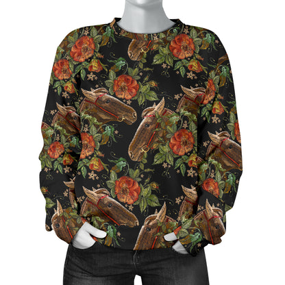 Horse Embroidery with Flower Design Women Long Sleeve Sweatshirt