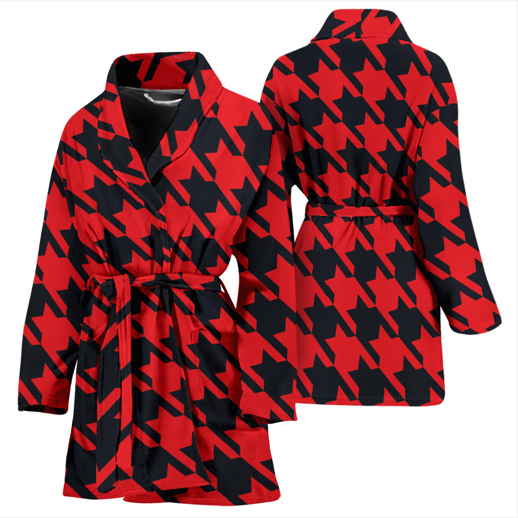 Houndstooth Red Pattern Print Design 03 Women Bathrobe
