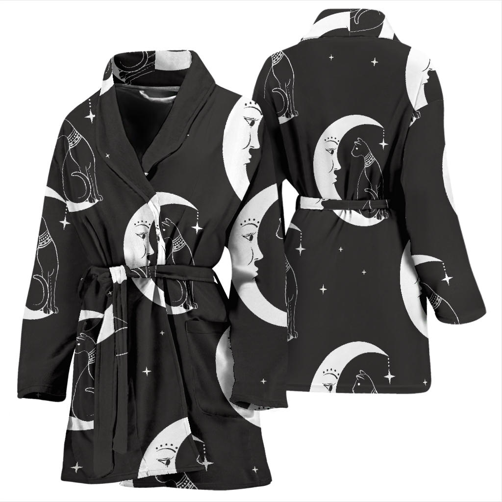 Moon with Cat Pattern Print Design 04 Women Bathrobe