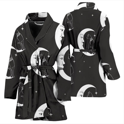 Moon with Cat Pattern Print Design 04 Women Bathrobe
