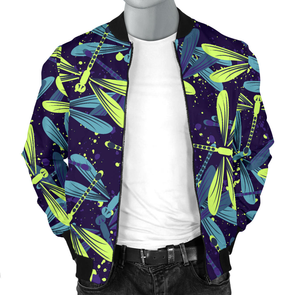 Dragonfly Lime Blue Print Pattern Men Bomber Jacket