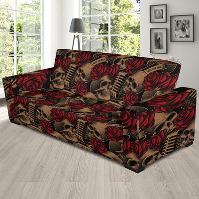 Microphone Skull Rose Pattern Print Design 02 Sofa Slipcover