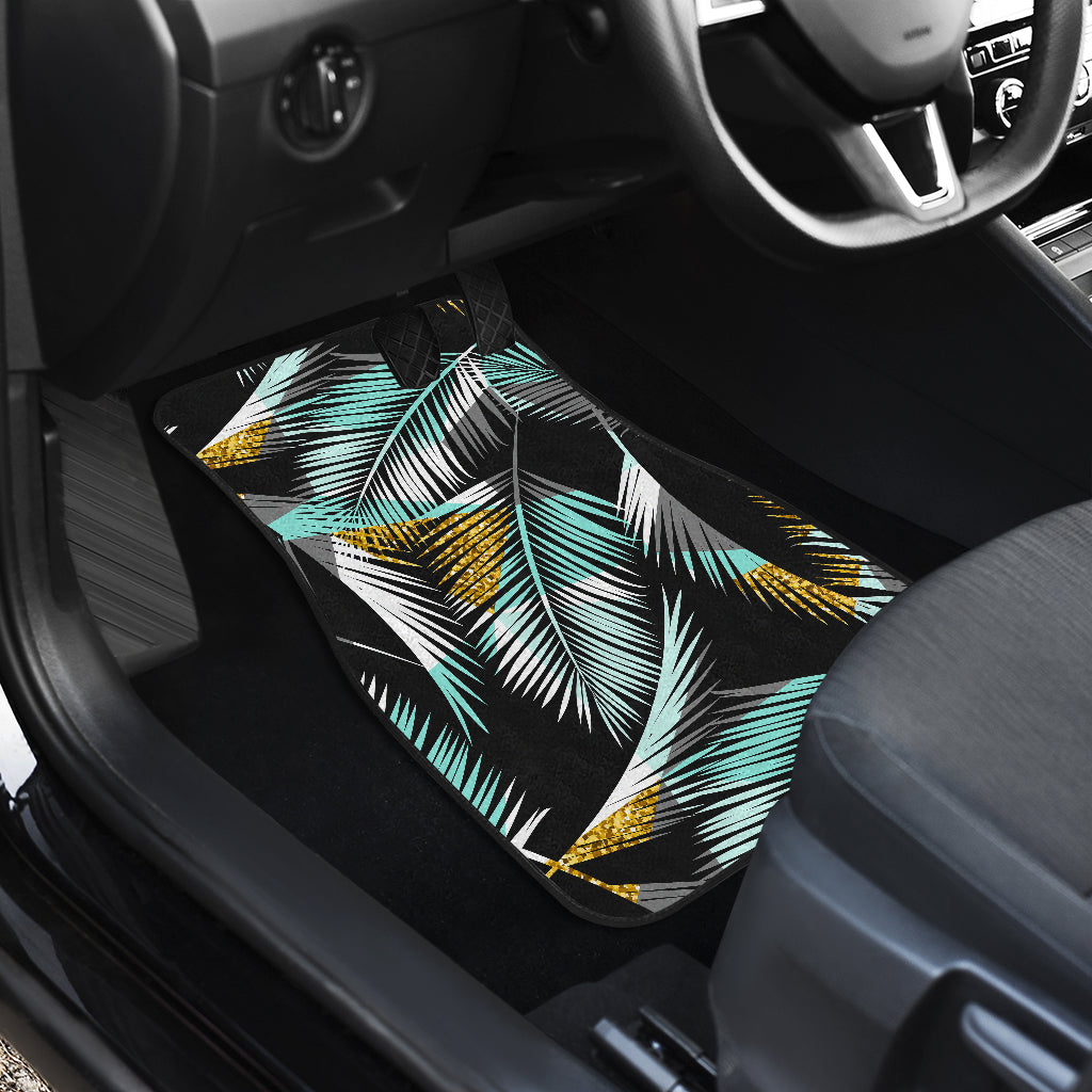 Gold Glitter Cyan Tropical Palm Leaves Car Floor Mats Front Back