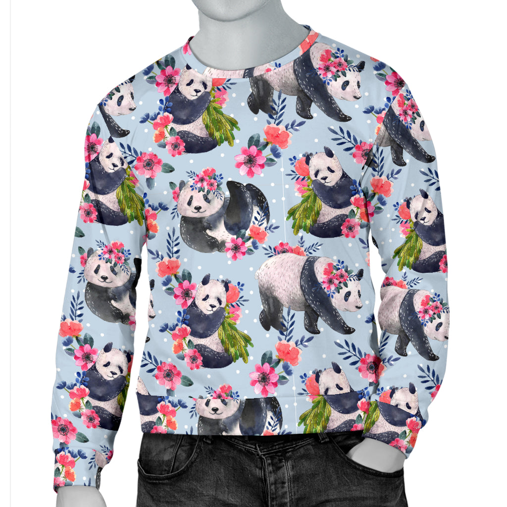 Panda Bear Flower Design Themed Print Men Long Sleeve Sweatshirt