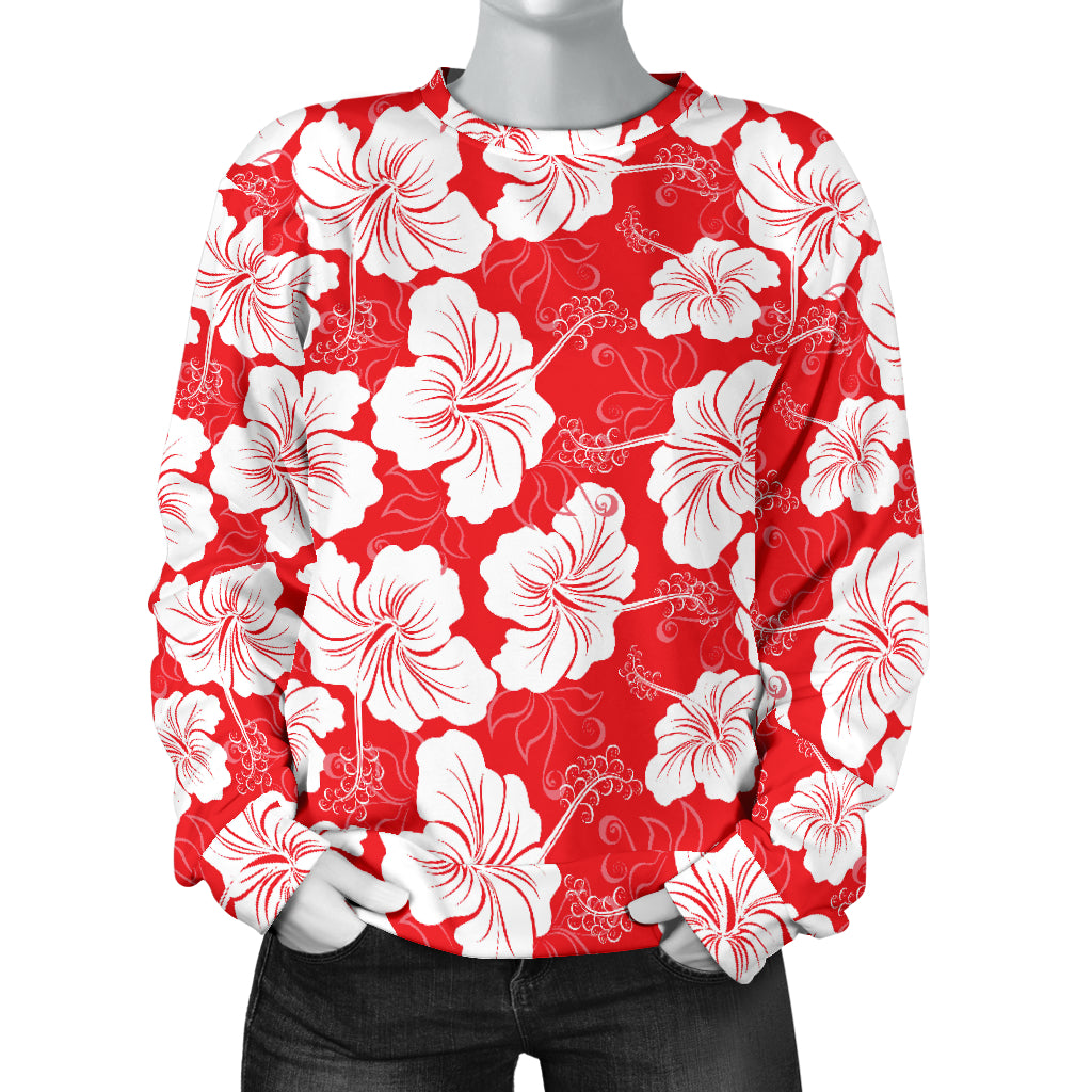 Flower Hawaiian Hibiscus Red Background Print Women Long Sleeve Sweatshirt