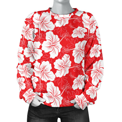 Flower Hawaiian Hibiscus Red Background Print Women Long Sleeve Sweatshirt