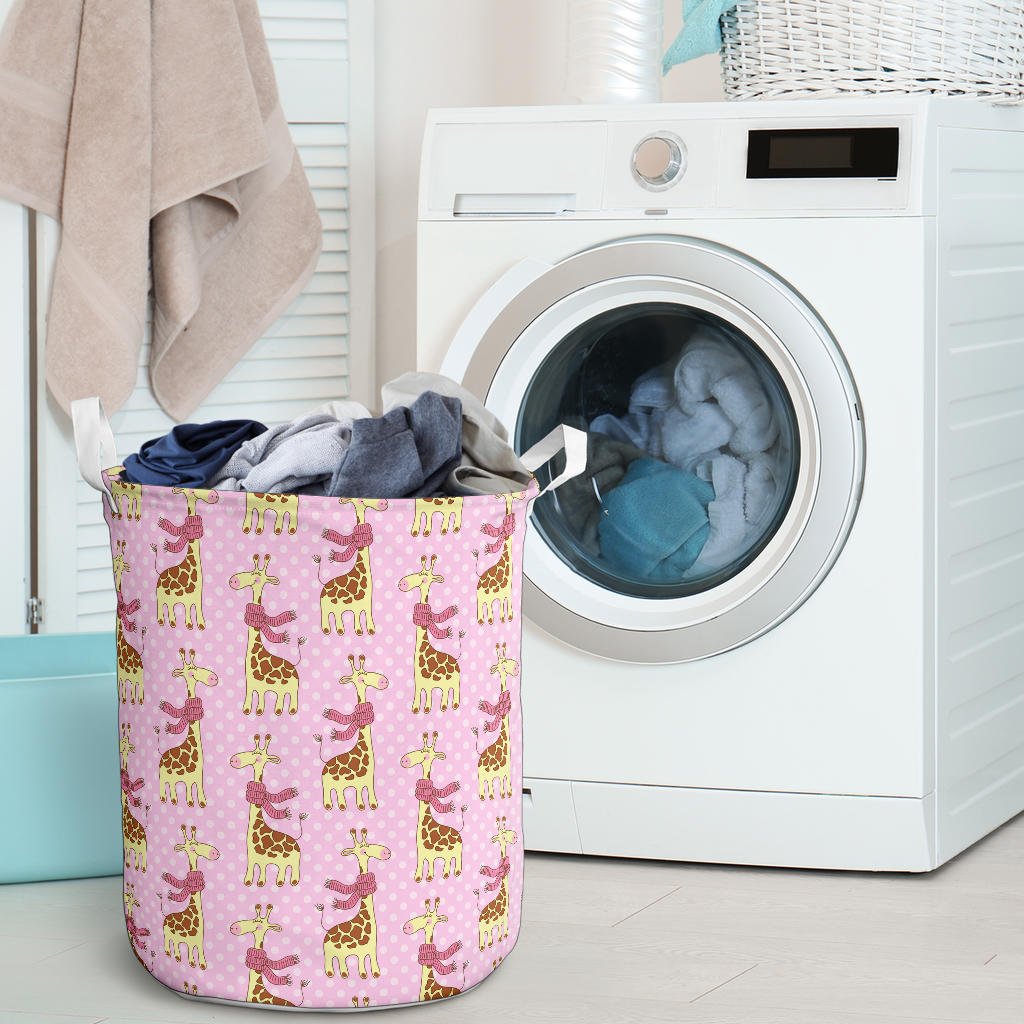 Giraffe Cute Pink Polka Dot Print Laundry Basket