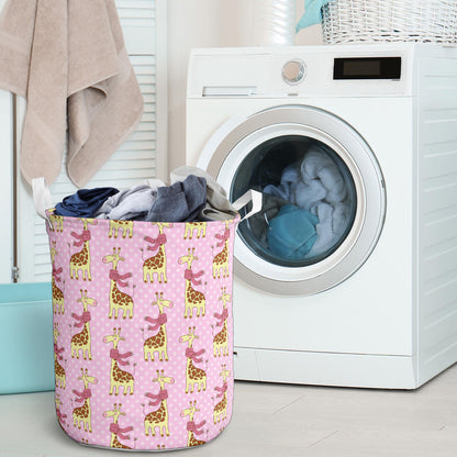 Giraffe Cute Pink Polka Dot Print Laundry Basket