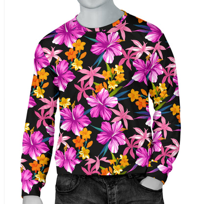 Tropical Folower Pink Hibiscus Print Men Long Sleeve Sweatshirt