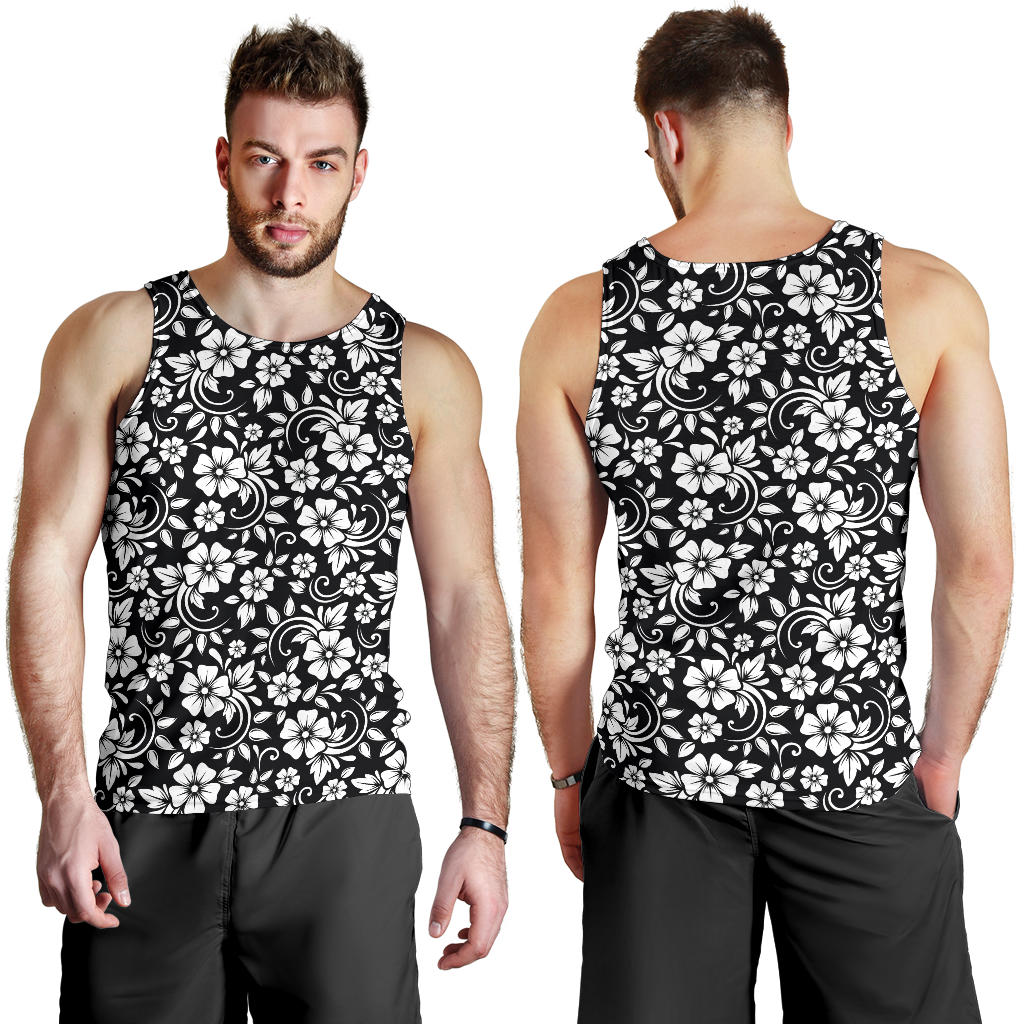 Floral Black White Themed Print Men Tank Top