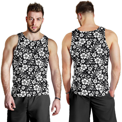 Floral Black White Themed Print Men Tank Top