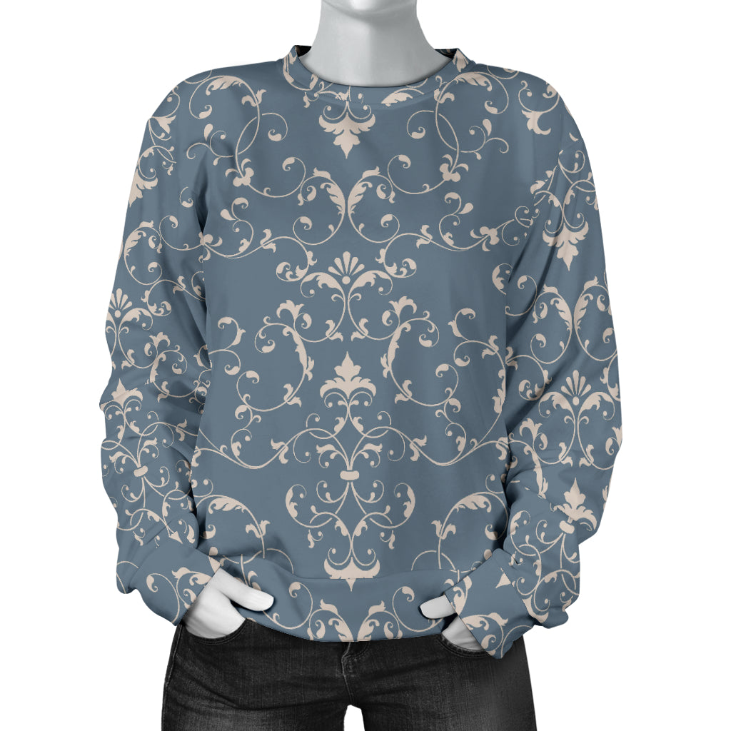 Damask Elegant Teal Print Pattern Women Long Sleeve Sweatshirt