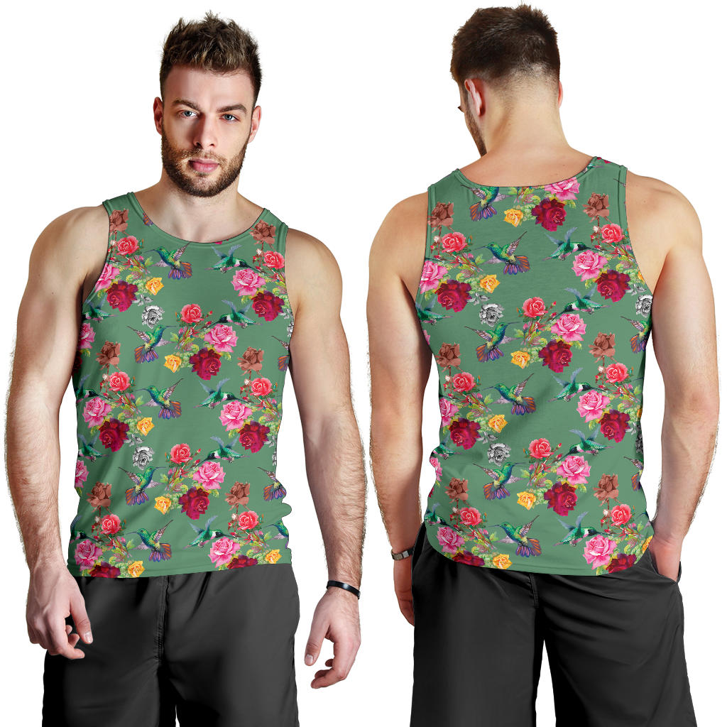 Hummingbird with Rose Themed Print Men Tank Top
