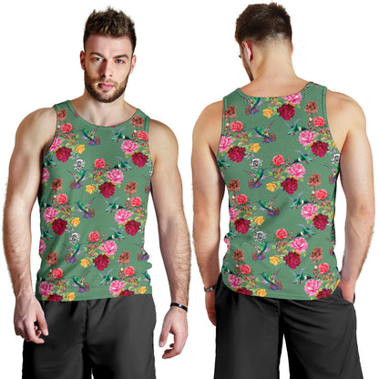 Hummingbird with Rose Themed Print Men Tank Top