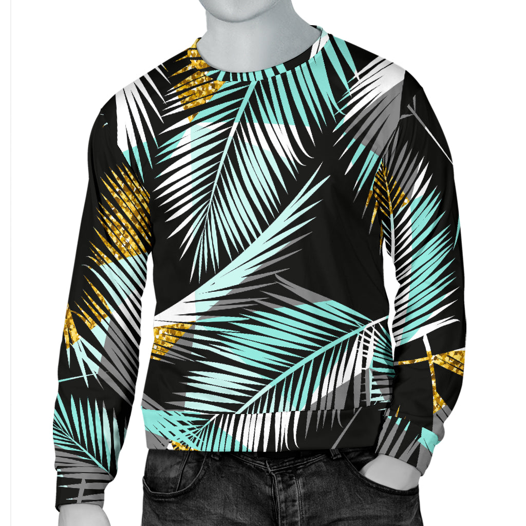 Gold Glitter Cyan Tropical Palm Leaves Men Long Sleeve Sweatshirt