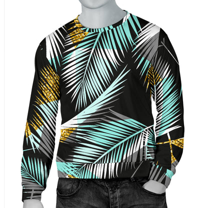Gold Glitter Cyan Tropical Palm Leaves Men Long Sleeve Sweatshirt