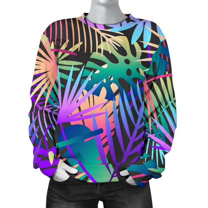 Neon Flower Tropical Palm Leaves Women Long Sleeve Sweatshirt