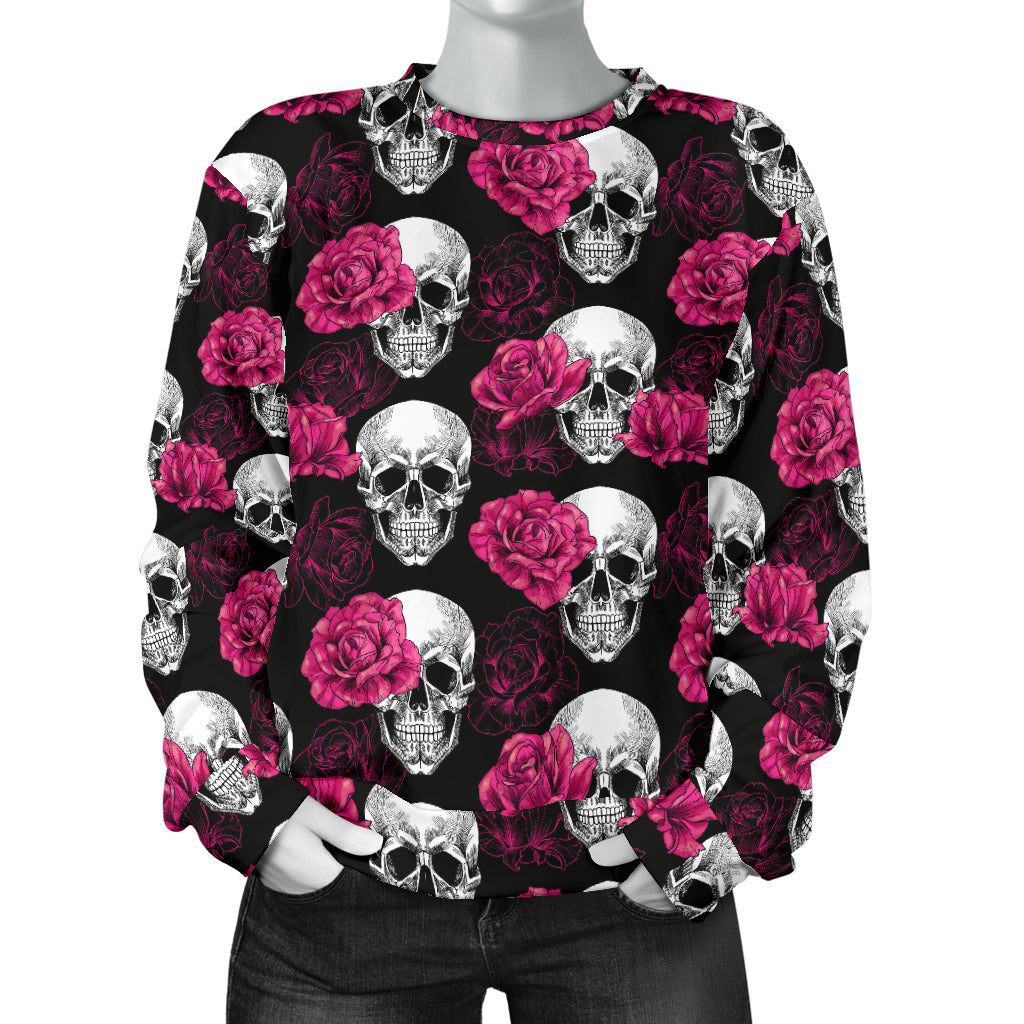 Pink Rose Skull Themed Print Women Long Sleeve Sweatshirt