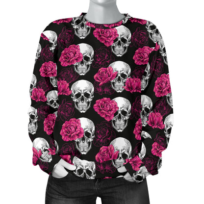 Pink Rose Skull Themed Print Women Long Sleeve Sweatshirt