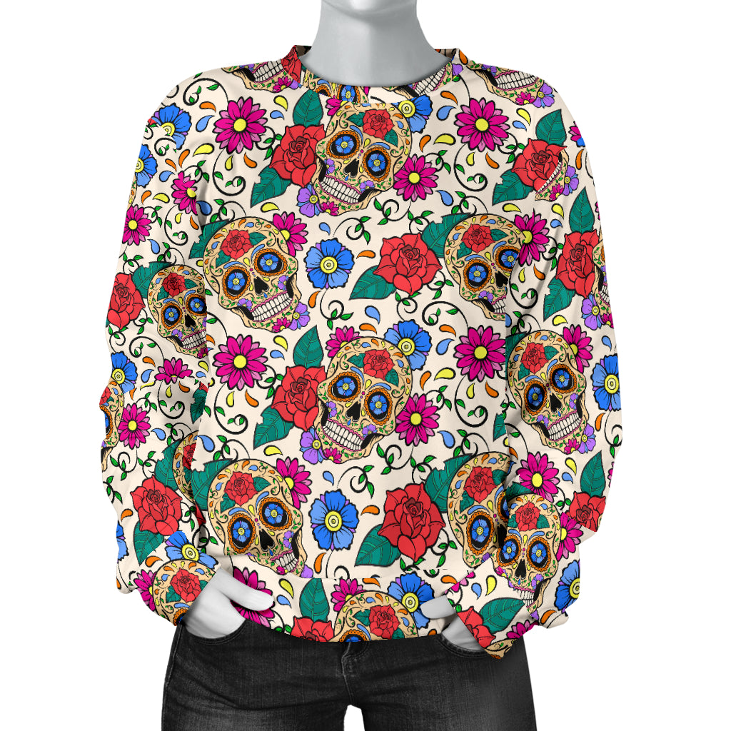Sugar Skull Colorful Themed Print Women Long Sleeve Sweatshirt