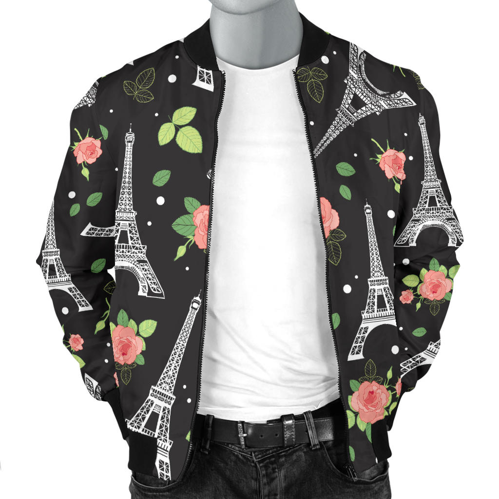 Eiffel Tower Rose Print Men Bomber Jacket