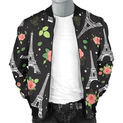 Eiffel Tower Rose Print Men Bomber Jacket