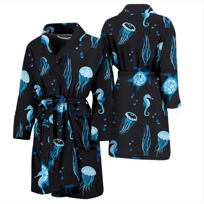 Sea Turtle Jelly Fish Sea Horse Print Design LKS3014 Men Bathrobe