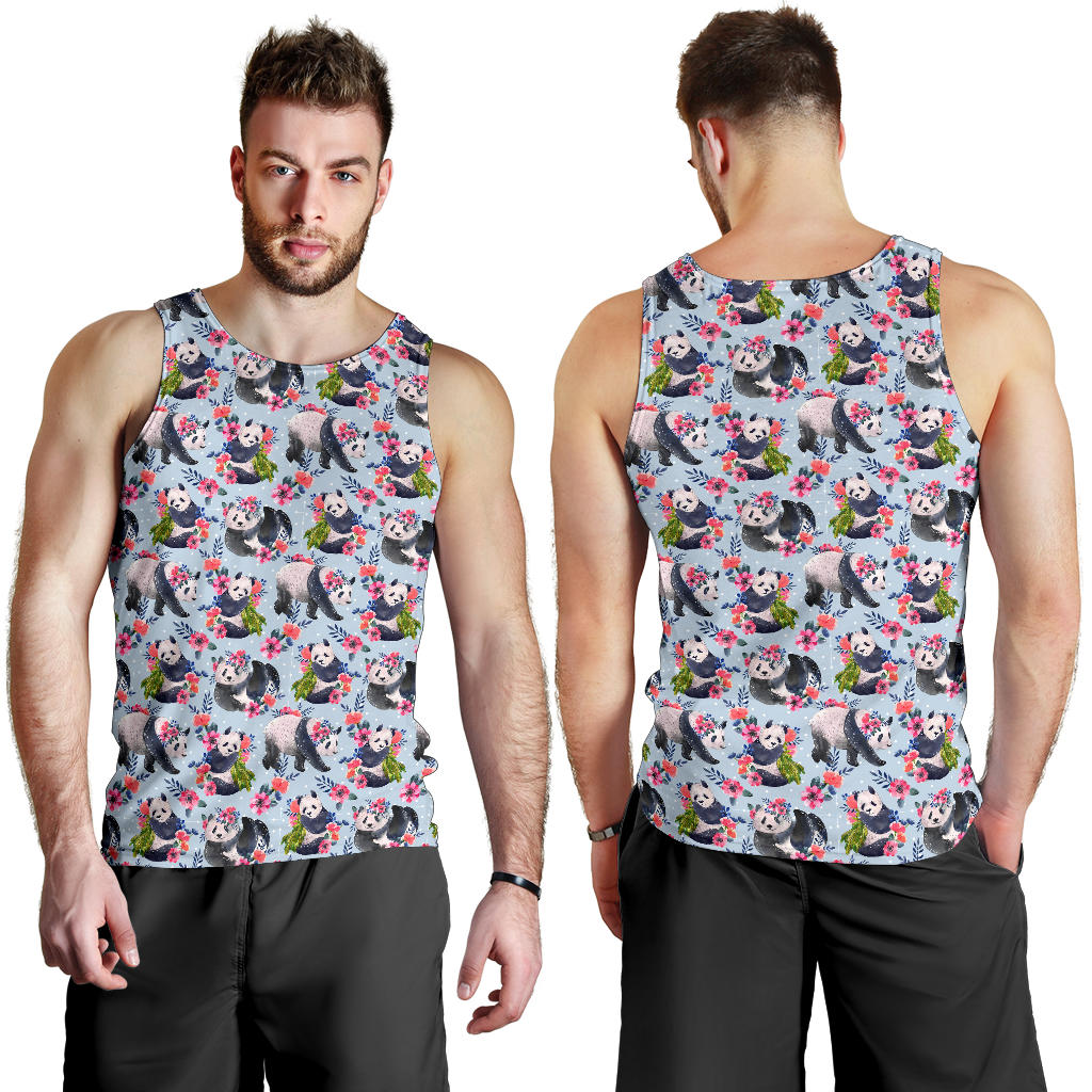Panda Bear Flower Design Themed Print Men Tank Top