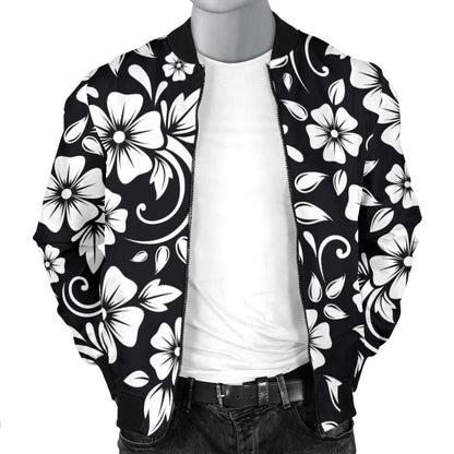Floral Black White Themed Print Men Bomber Jacket