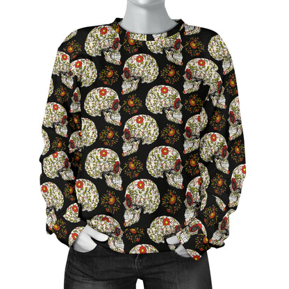 Sugar Skull Flower Design Themed Print Women Long Sleeve Sweatshirt