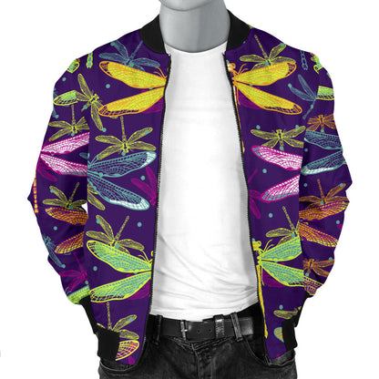 Dragonfly Neon Color Print Pattern Men Bomber Jacket