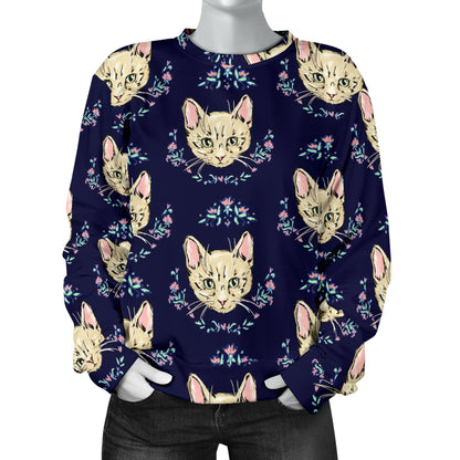 Cat Head with flower Print Pattern Women Long Sleeve Sweatshirt