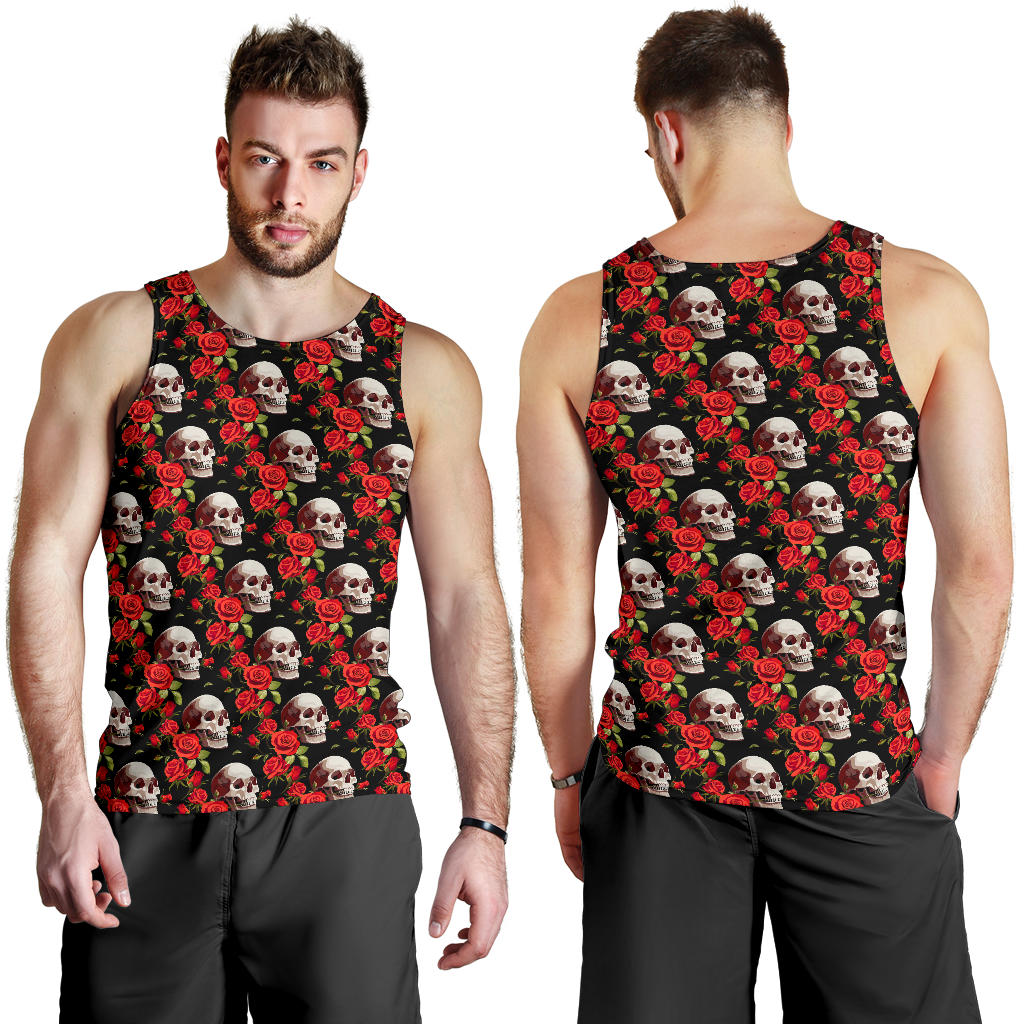 Red Rose Skull Design Print Men Tank Top