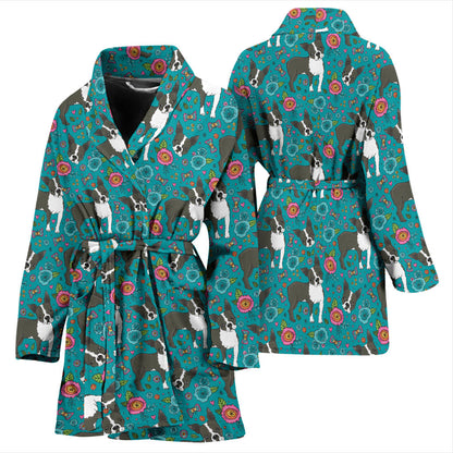 Boston Terrier Pattern Print Design 07 Women Bathrobe