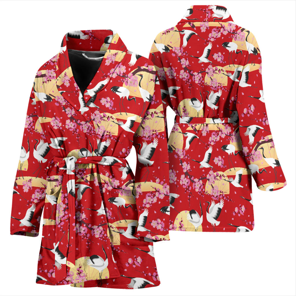 Crane Pattern Print Design 04 Women Bathrobe