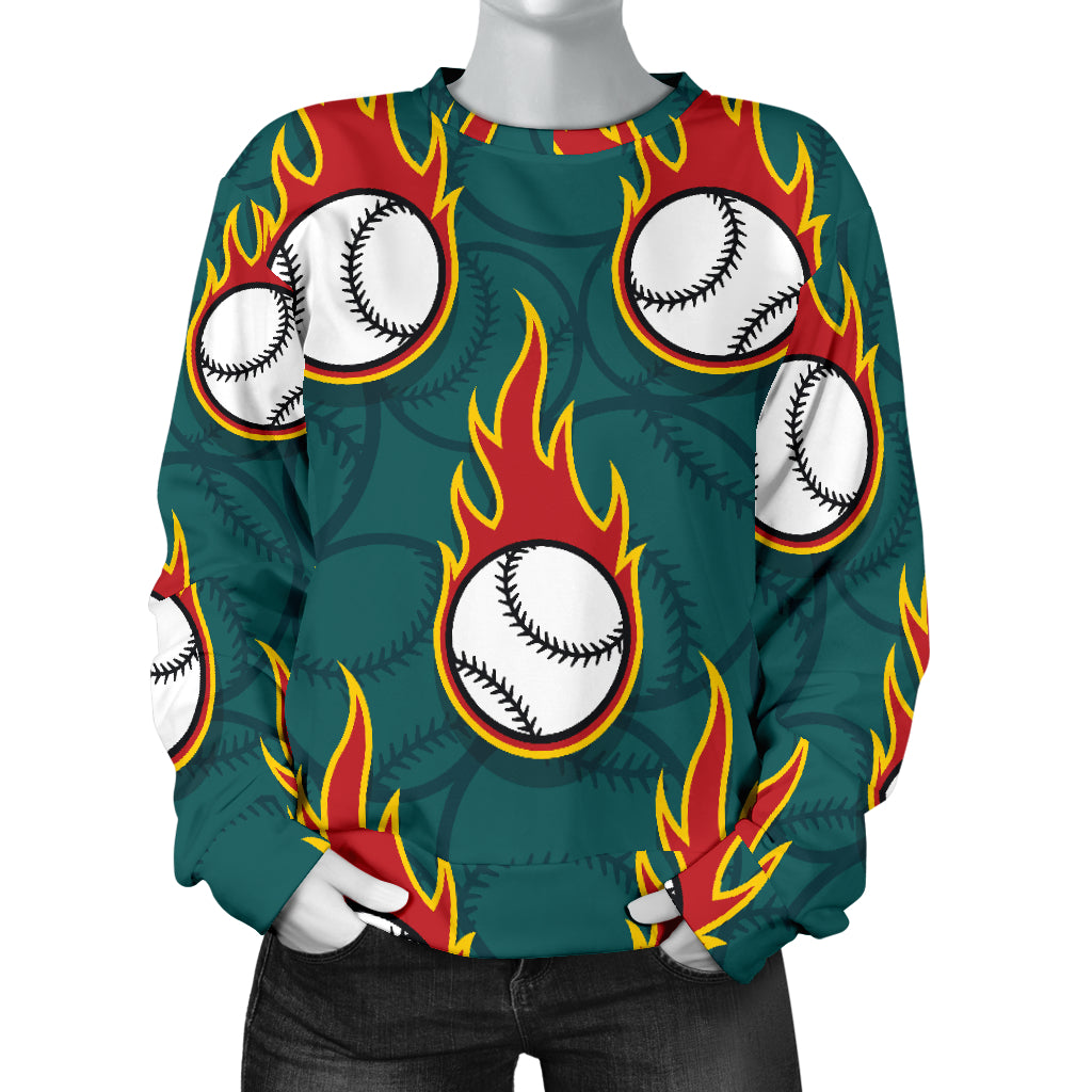 Baseball Fire Print Pattern Women Long Sleeve Sweatshirt