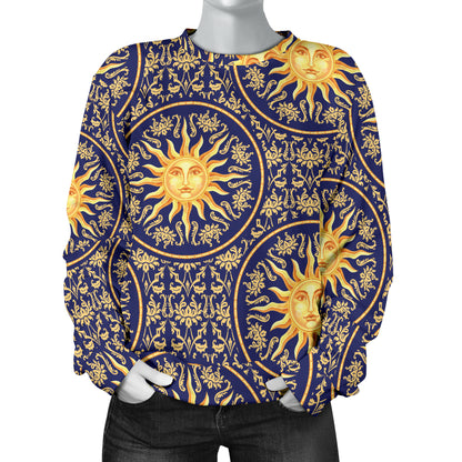 Celestial Gold Sun Face Women Long Sleeve Sweatshirt