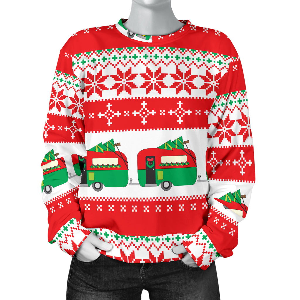 Camper Camping Ugly Christmas Design Print Women Long Sleeve Sweatshirt