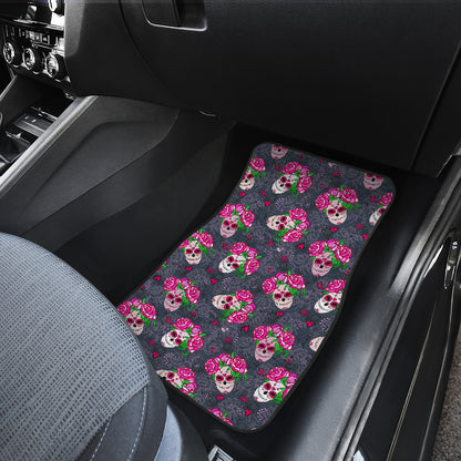 Sugar Skull Pink Rose Themed Print Car Floor Mats Front Back